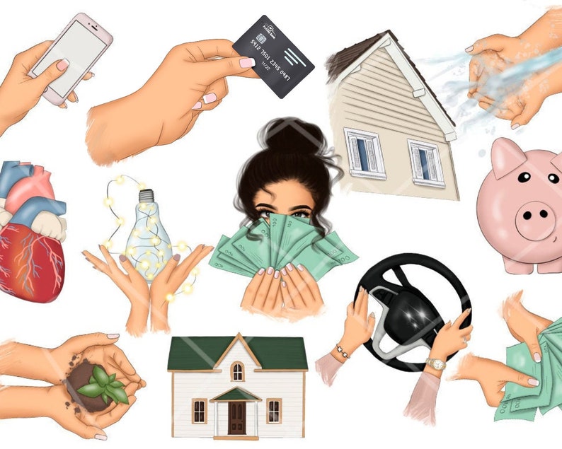 May include: A digital illustration of various concepts related to personal finance, including a house, a car, a piggy bank, a heart, a lightbulb, a plant, money, and a credit card.