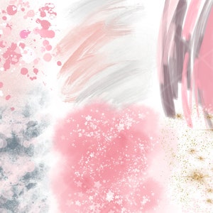 May include: A digital collage of abstract watercolor textures in pink, gray, and gold. The textures include splatters, brushstrokes, and glitter.