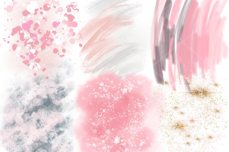 May include: A digital collage of abstract watercolor textures in pink, gray, and gold. The textures include splatters, brushstrokes, and glitter.