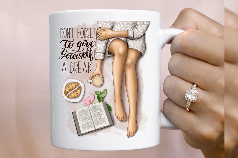 May include: White ceramic mug with a colorful illustration of a woman relaxing with a book, coffee, and pastries. The text "Don't forget to give yourself a break" is printed on the mug.
