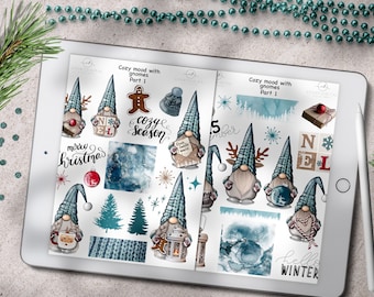May include: Two sheets of digital stickers featuring illustrations of gnomes, winter scenes, and the text "Cozy mood with gnomes Part 1", "cozy season", "merry christmas", "December", "Noel", and "hello winter".