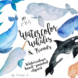Watercolor Sea Whales Animals Clipart Bundle - Aquatic PNG Ocean Animal Designs for Crafts, for Kids Invitation and Commercial Use
