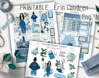 May include: Printable planner stickers featuring a denim theme. The stickers include a woman wearing a denim jumpsuit, a denim jacket, and a floral design. The text "I love denim" and "Denim everyday" are also included.