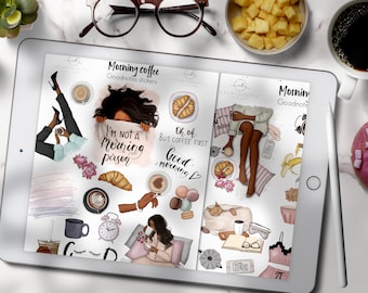 Coffee Digital Planner Stickers for Goodnotes, Afro Woman GoodNotes, Dark Skin Ipad Icons, Melanin Stickers, Precropped GoodNotes