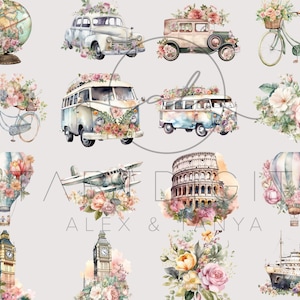 May include: A collection of watercolor illustrations featuring travel themes. The illustrations include a globe, a vintage car, a bicycle, a camper van, a hot air balloon, an airplane, the Colosseum, a cruise ship, and Big Ben. Each illustration is adorned with delicate floral arrangements in shades of pink, white, and yellow.