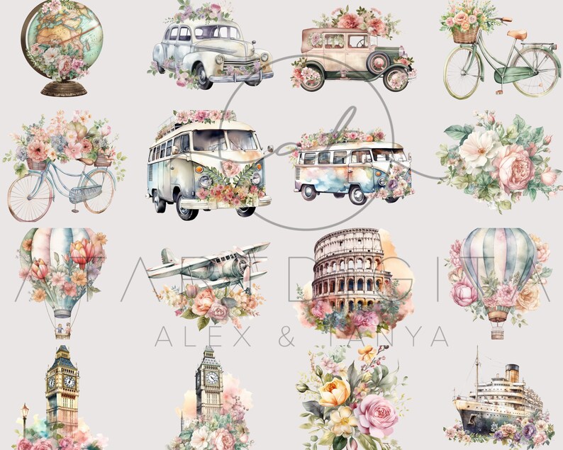 May include: A collection of watercolor illustrations featuring travel themes. The illustrations include a globe, a vintage car, a bicycle, a camper van, a hot air balloon, an airplane, the Colosseum, a cruise ship, and Big Ben. Each illustration is adorned with delicate floral arrangements in shades of pink, white, and yellow.