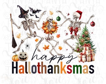 Happy Hallothanksmas PNG, Dancing Skeletons & Seasonal Designs for Shirts, Digital Fall Christmas Halloween file for Sublimation