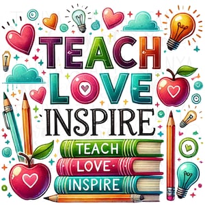 Retro leraar PNG digitale print, sublimatie PNG, transparante ontwerpen voor tshirt, Teach Love Inspire, cadeau leraar, digitale downloads
