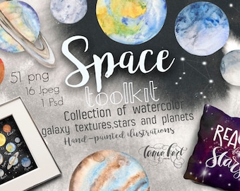 Clipart ad acquerello del sistema solare: galassia, pianeti, luna e stelle (download immediato)