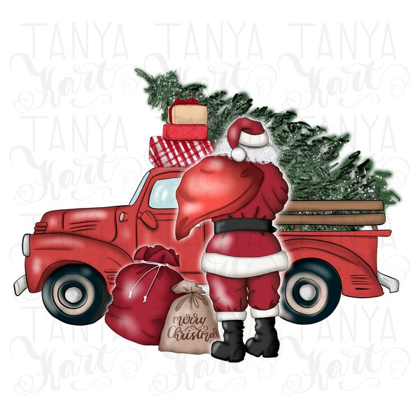 Weihnachten Santa's Auto Png Urlaub Sublimation, Santa Png Weihnachten Sublimation, Roter LKW und Baum, Weihnachtstransfer, Weihnachtsmann mit Geschenken