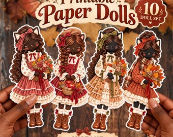 Autumn Paper Dolls Printable | 10 Black Cat Girl Dolls PNG JPEG | Fall Junk Journal Clipart | Cottagecore Printable Dolls  Craft DIY Set