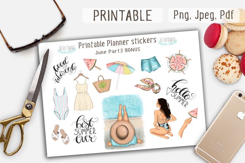 K&ouml;nnte beinhalten: Druckbare Planer-Aufkleber mit Sommerthema. Die Aufkleber zeigen Illustrationen eines Badeanzugs, eines Kleides, einer Strohtasche, einer Wassermelone, eines Sonnenschirms, einer Jeans-Shorts, einer Frau im Badeanzug, einer Frau mit Hut und Text, der "good vibes only", "best summer ever" und "hello summer" lautet.