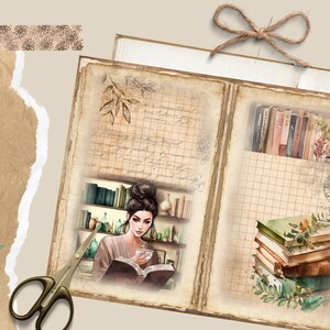 Op de afbeelding: Een vintage-stijl dagboek met een bruine leren omslag en een verweerde look. Het dagboek is open om twee pagina's te laten zien met handgeschreven notities, een tekening van een vrouw die een boek leest en een stapel boeken met bloemmotieven.
