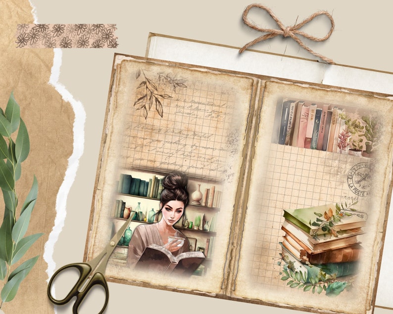Op de afbeelding: Een vintage-stijl dagboek met een bruine leren omslag en een verweerde look. Het dagboek is open om twee pagina's te laten zien met handgeschreven notities, een tekening van een vrouw die een boek leest en een stapel boeken met bloemmotieven.