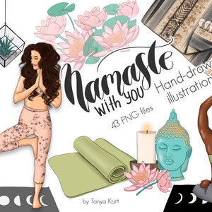 Yoga Girl Clip Art Bundle: Namaste, Meditation, Succulent, Yoga Mat, Lotus - Digital Illustration, Planner Girl Clipart