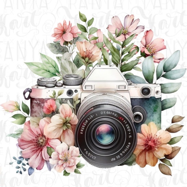 Floral Photo Camera With Pink Flowers Vintage Design Png Instant Download for Commercial Use, Camera Printable Diy Invite Digital