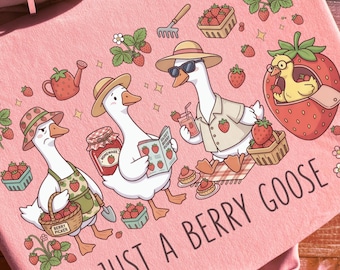 Strawberry Goose PNG | Summer Fruit Sublimation | Retro Berry Picker Clipart | Just a Berry Goose DTG | Cottagecore Picnic Digital Download