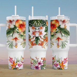 Tropical Flowers Png 40oz Quencher Tumbler Wrap Png, Floral Wrap Tumbler, Tropical Leaves Png, Sublimation Design, Png For Tumblers