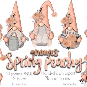 May include: Twenty peach-colored gnomes with floral accents and various spring-themed details. The gnomes are holding items like a watering can, a butterfly, flowers, and a sign that says "Happy Easter".