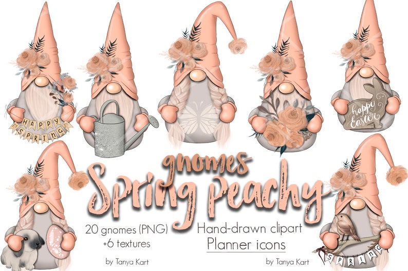 May include: Twenty peach-colored gnomes with floral accents and various spring-themed details. The gnomes are holding items like a watering can, a butterfly, flowers, and a sign that says "Happy Easter".