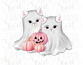 Ghost Kitten PNG Sublimation Designs for Spooky Season - Halloween Cat and Pumpkin, Retro Pink Design for Halloween Shirt - Instant Download