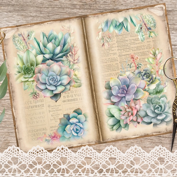 Printable Junk Journal Kit, Vintage Succulent Ephemera Digital Instant Download, Collage Sheet Journal Pages, Scrapbook Supplies,Card Making