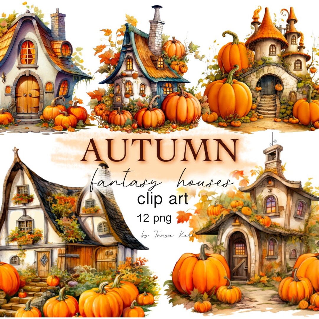 Autumn Fantasy Houses Clipart Bundle, Pumpkin House Digital Clipart Set ...