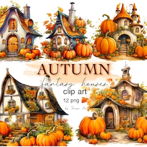 Bundle de cliparts automne maisons fantastiques, ensemble de cliparts numériques citrouille maison pour scrapbooking, impressions numériques, oeuvres d'art imprimables et fournitures de loisirs créatifs