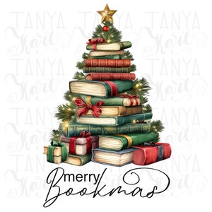 Merry Bookmas Sublimation PNG Instant Download, Merry Christmas with Green Trees Png for Printable Decor & Party Invitations, Teacher Gifts