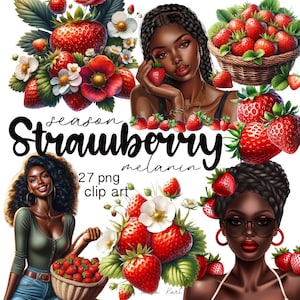 Paquete de imágenes prediseñadas de niña negra y fresa para diarios basura, diseños de sublimación imprimibles, pegatinas de planificador con estética de niña suave, descarga digital