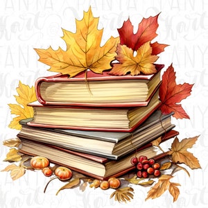 Herbst Png Buch mit Herbstlaub - Digital Download Art zum Lesen von Shirt Design, für Print on Demand und Bibliothekar Geschenkideen