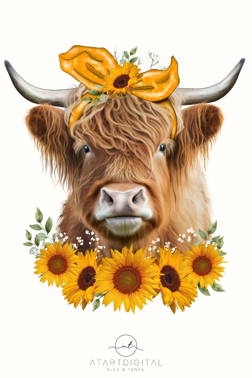 Floral Highland Cow PNG: Sunflower Sublimation Design (digital Download ...