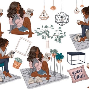 Peut inclure: Un ensemble d'illustrations num&eacute;riques mettant en sc&egrave;ne une femme &agrave; la peau brune et aux longs cheveux bruns dans diff&eacute;rentes poses. Elle tient un livre, une tablette, une tasse de caf&eacute; et un chat. L'ensemble comprend &eacute;galement divers objets de d&eacute;coration int&eacute;rieure, tels que des plantes, un tapis, une table basse et un coussin avec le texte "good vibes".