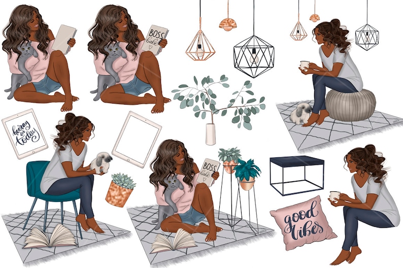 Peut inclure: Un ensemble d'illustrations num&eacute;riques mettant en sc&egrave;ne une femme &agrave; la peau brune et aux longs cheveux bruns dans diff&eacute;rentes poses. Elle tient un livre, une tablette, une tasse de caf&eacute; et un chat. L'ensemble comprend &eacute;galement divers objets de d&eacute;coration int&eacute;rieure, tels que des plantes, un tapis, une table basse et un coussin avec le texte "good vibes".