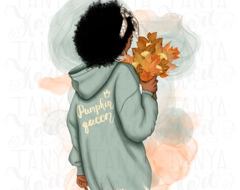 Pumpkin Queen, Afro Woman Png Sublimation Designs, Autumn Leaves Png Sublimation, Afro Art Png, Fall Print Digital Design