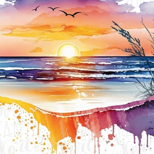 Sunset Png Clipart, Watercolor Beach, Digital Download, Colorful Background, Beach Life Png, Ocean Sunset Png, Retro Sunset Png