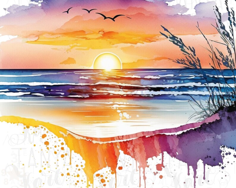 Sunset Png Clipart, Watercolor Beach, Digital Download, Colorful Background, Beach Life Png, Ocean Sunset Png, Retro Sunset Png