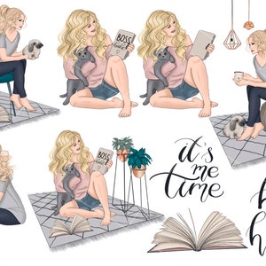 Peut inclure: Illustration num&eacute;rique d'une femme se relaxant &agrave; la maison. Elle est assise sur une chaise, un coussin de sol et sur le sol. Elle lit un livre, tient une tasse de caf&eacute; et caresse un chat. L'illustration comprend le texte "It's me time" et "home hygge home".