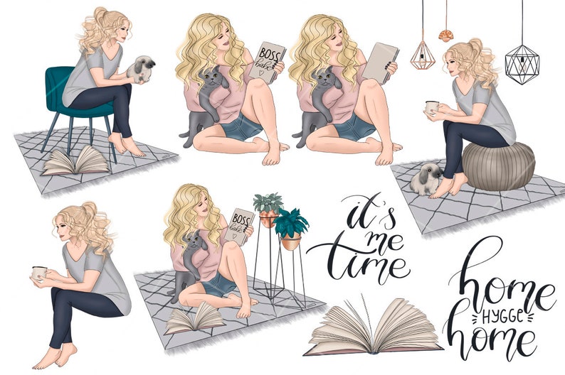 Peut inclure: Illustration num&eacute;rique d'une femme se relaxant &agrave; la maison. Elle est assise sur une chaise, un coussin de sol et sur le sol. Elle lit un livre, tient une tasse de caf&eacute; et caresse un chat. L'illustration comprend le texte "It's me time" et "home hygge home".