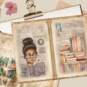 Bookish Junk Journal Pages Vintage Ephemera, Digital Library Printable Collage Sheet for Scrapbooking, Floral Journaling Instant Download
