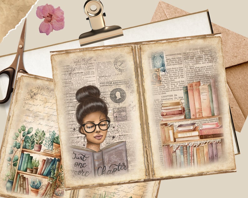 Bookish Junk Journal Pages Vintage Ephemera, Digital Library Printable Collage Sheet for Scrapbooking, Floral Journaling Instant Download