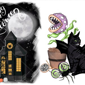 May include: A black cat with bat wings sits next to a purple carnivorous plant. The cat has green eyes and is looking to the right. The plant is in a brown pot. There are green and white candy eyeballs and a spider web on the ground. The text "Happy Halloween" is written in white on a black background with a full moon.