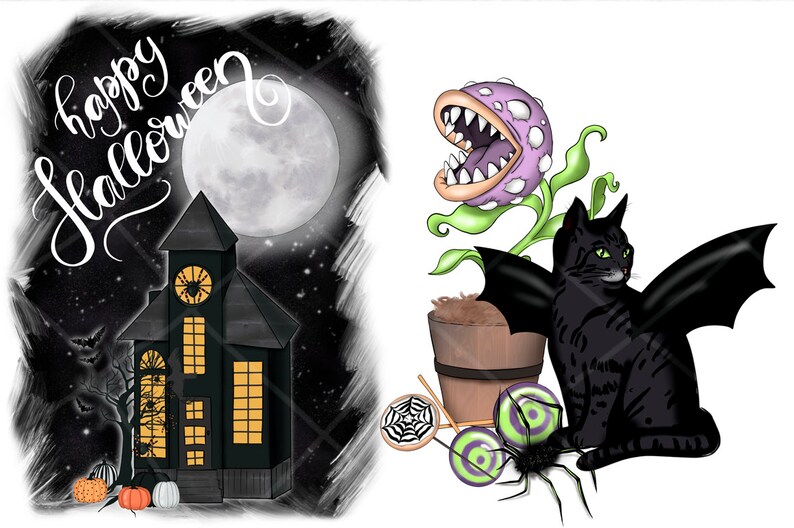 May include: A black cat with bat wings sits next to a purple carnivorous plant. The cat has green eyes and is looking to the right. The plant is in a brown pot. There are green and white candy eyeballs and a spider web on the ground. The text "Happy Halloween" is written in white on a black background with a full moon.
