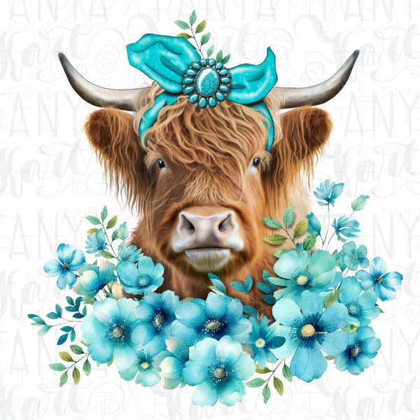 Western Highland Cow With Turquoise Flowers Png For Sublimation, Turquoise Gemstone Farm Animal Png, Blue Floral Cow Png Digital Downloads