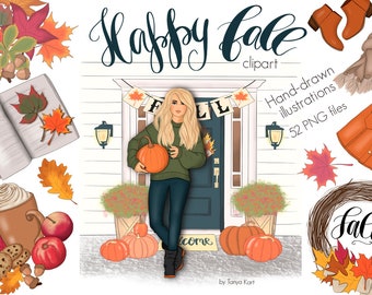 Autumn Clip Art Png - Pumpkin Digital Clipart, Fall Girls Clipart, and Autumn Illustration for Planner Stickers, Fall Wreath, Autumn Leaves