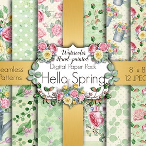 Spring Digital Paper, Seamless Pattern, March Digital Paper, Floral Digital Paper, Green Paper, Scrapbook Paper, Planner Graphics