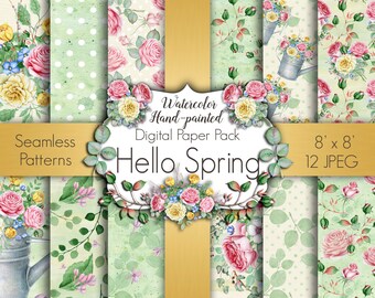 Spring Digital Paper, Seamless Pattern, March Digital Paper, Floral Digital Paper, Green Paper, Scrapbook Paper, Planner Graphics