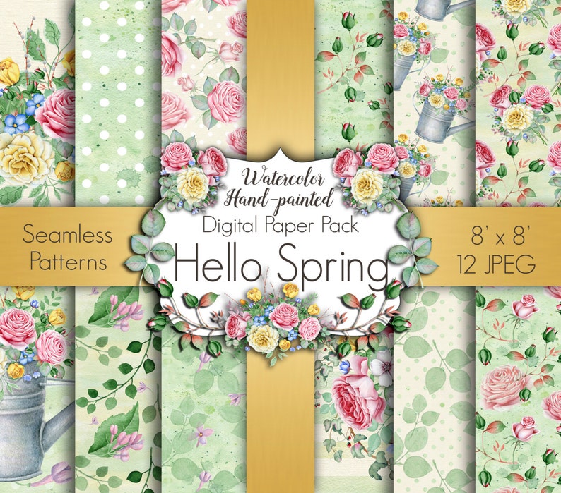 Spring Digital Paper, Seamless Pattern, March Digital Paper, Floral Digital Paper, Green Paper, Scrapbook Paper, Planner Graphics image 1