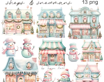 Pastelkleur kerst clipartbundel, vakantiesneeuwpop png, kerstwinkel, Winter Wonderland-clipart, kerstsneeuwpoppen png