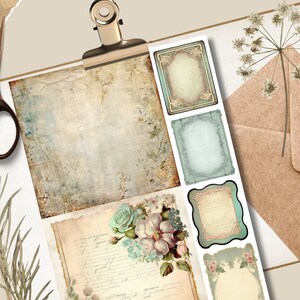 May include: A sheet of vintage-style printable labels with a floral design and several blank frames. The labels are perfect for adding a touch of rustic charm to your crafts, journals, and other projects.